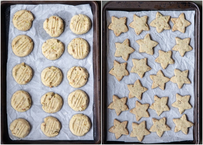 The baked cookies on the baking sheet.