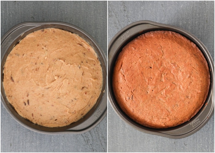 The cake batter in the pan before and after baking.