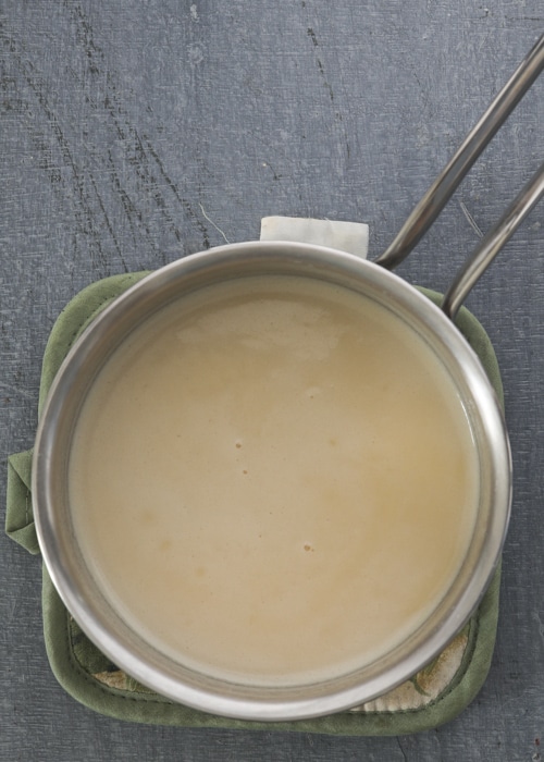 Making the topping in the pot.