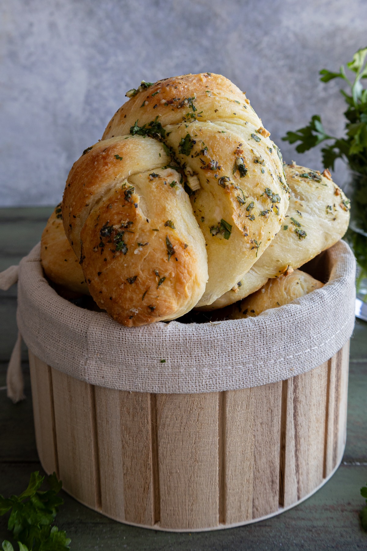 Garlic knots in a basket.