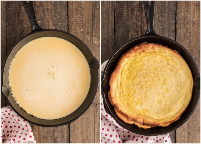 The puff in the black pan before and after baked.