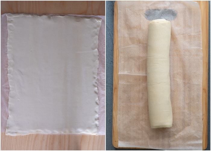 Placing the sheets on top of each other and rolling up.