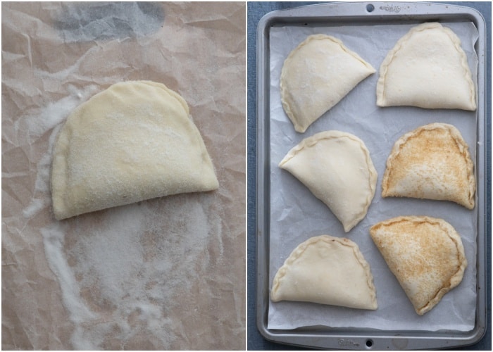 Folding the pastry in half and placing on a baking sheet.