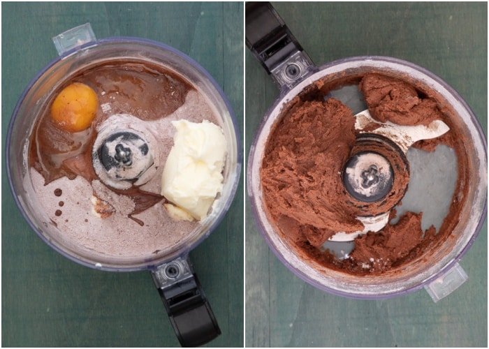 Making the chocolate dough in a food processor.