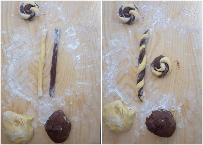 The vanilla chocolate dough rolled and twisted.