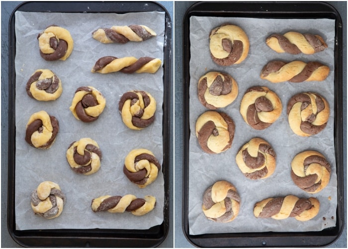 The cookies on a baking sheet before and after baked.