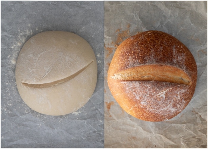 The bread before and after baking.