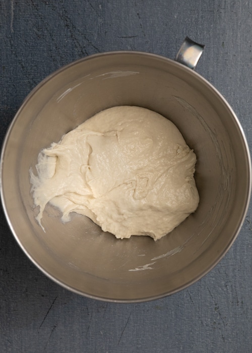 The dough in the mixing bowl.