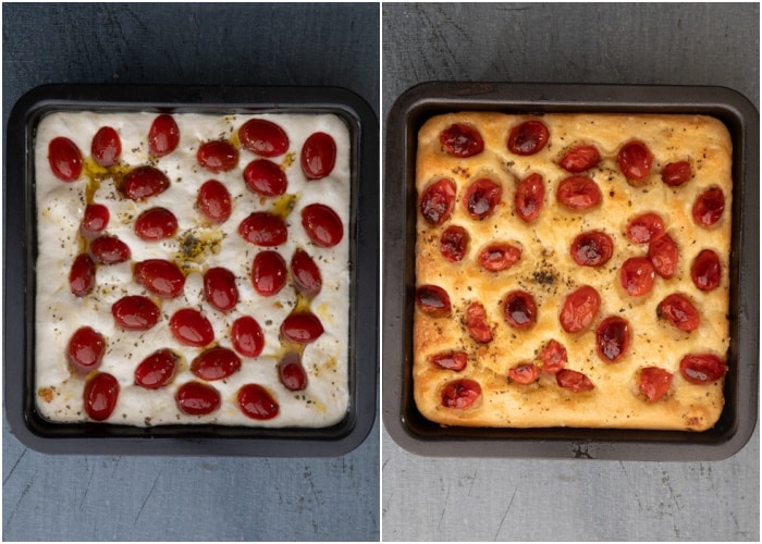 The tomato focaccia before and after baked in the pan.