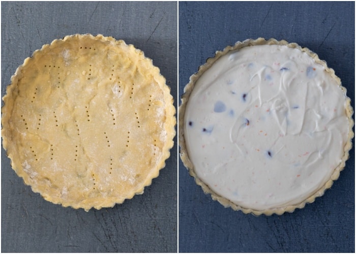 Placing the dough in the tart pan and adding the filling.