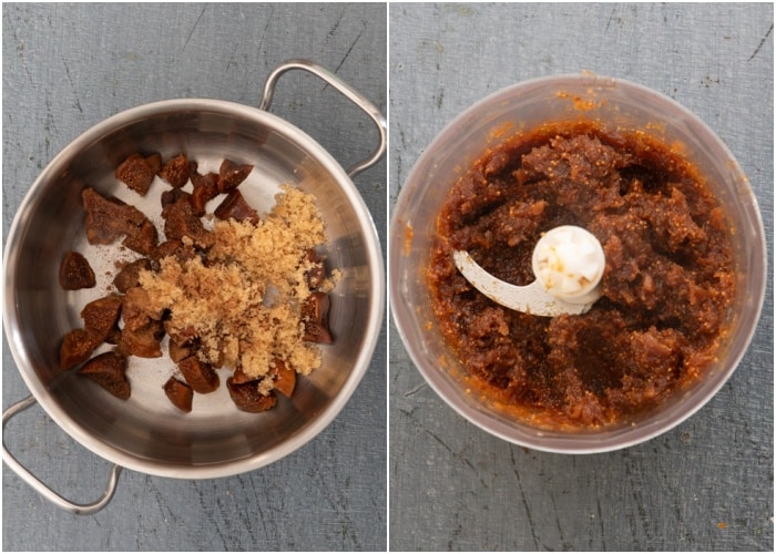 Making the filling in the pot and in the food processor.