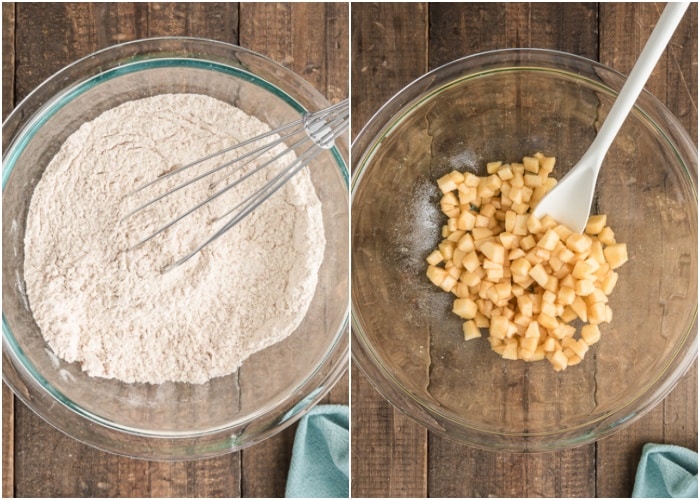 The dry ingredients whisked and the apples and brown sugar in glass bowls.