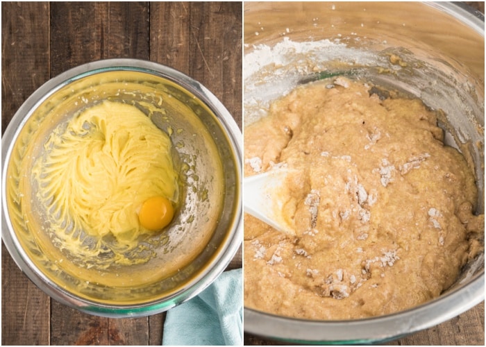 Making the batter in the pan.