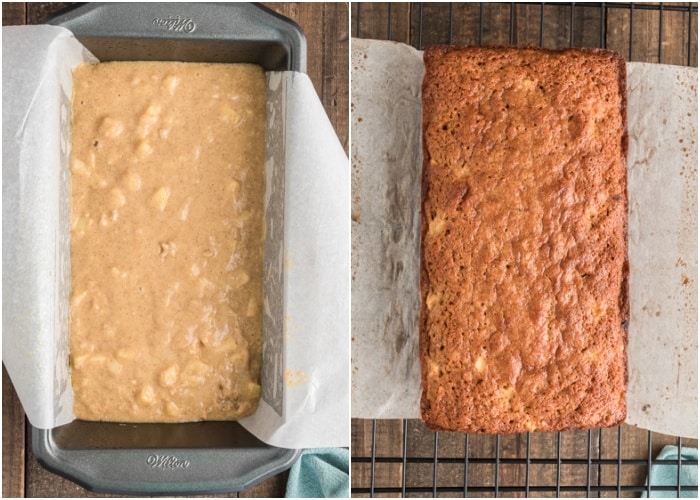 The batter in the loaf pan before and after baked.