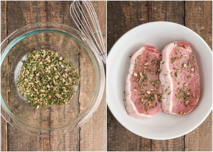 Spices mixed in a bowl and coated on the pork chops.