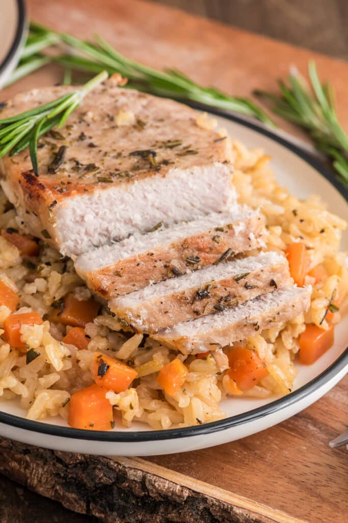 Pork chop sliced with rice on a white plate.