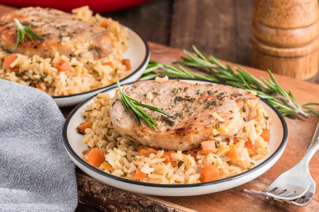 The pork chop and rice on a white plate.