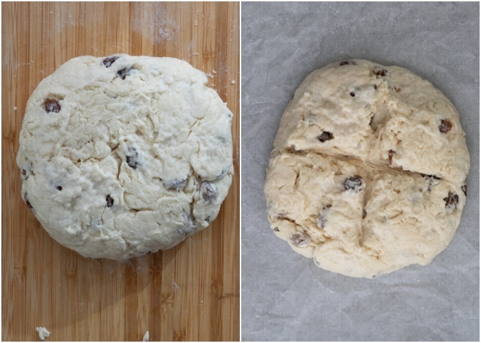 The dough on board and with a cross on a parchment paper baking sheet.