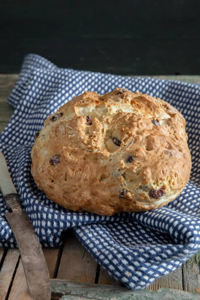 Soda bread on a blue napkin.