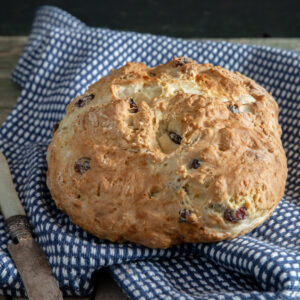 Soda bread on a blue napkin.