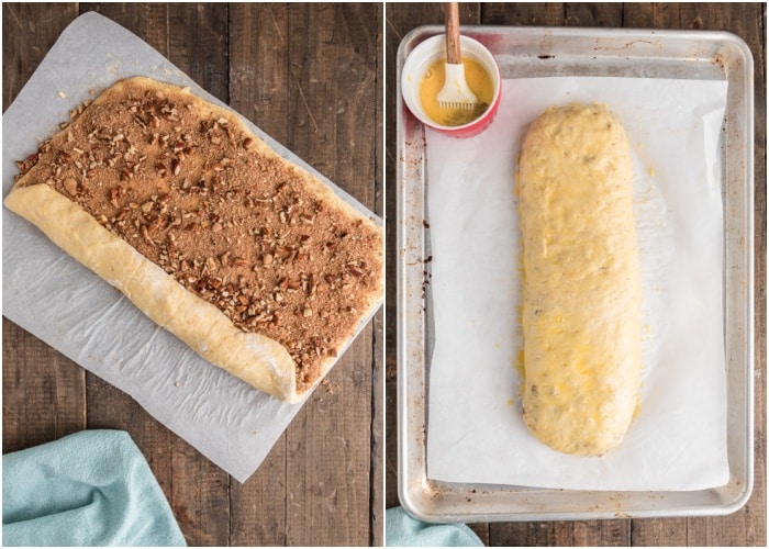 Rolling up the dough and placing on the baking sheet.