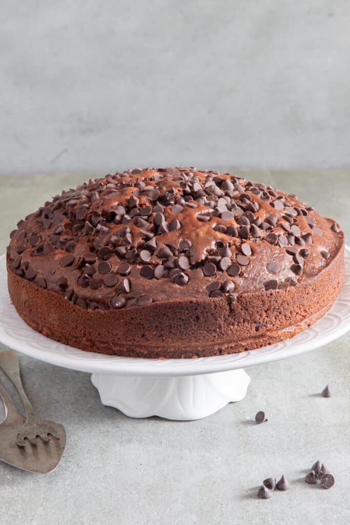 Chocolate cake on a white cake stand.