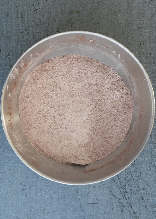 Dry ingredients whisked in a bowl.