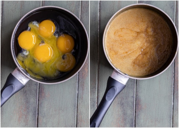 The eggs and maple syrup in a pot and cooked.