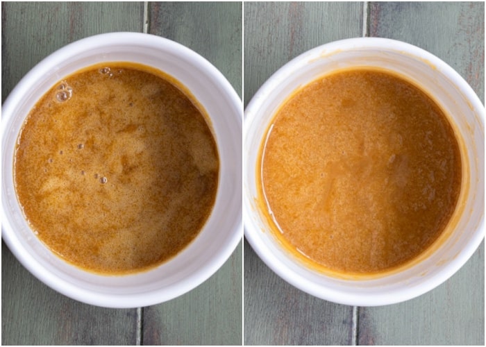 The cooked mixture in the bowl before and after chilled.