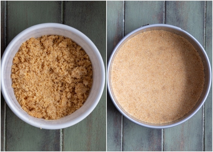 Making the crumbs and in the pan.