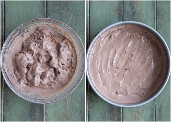 Making the chocolate ice cream layer and in the pan.