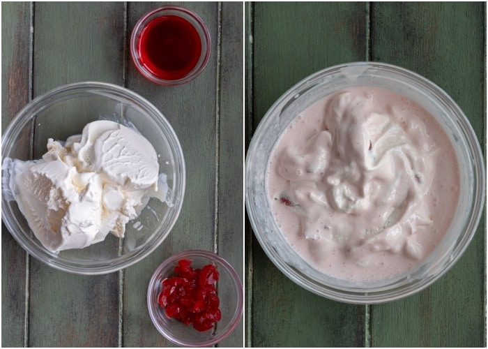 Making the cherry ice cream filling.