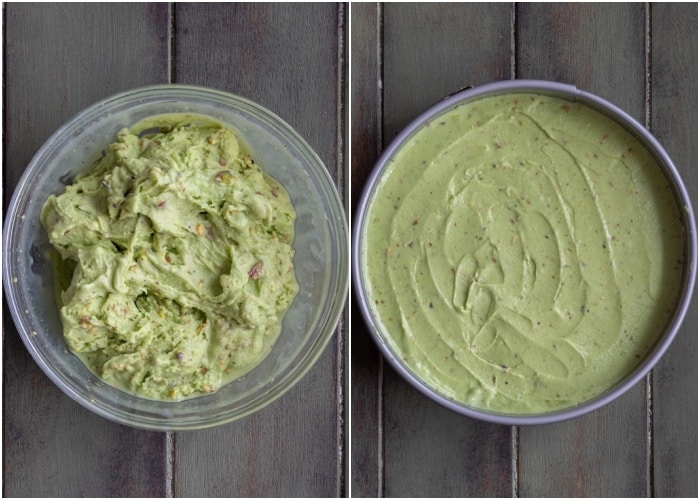 The pistachio ice cream mixed and in the cake pan.