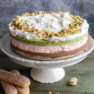 The spumoni ice cream cake on a white cake stand.