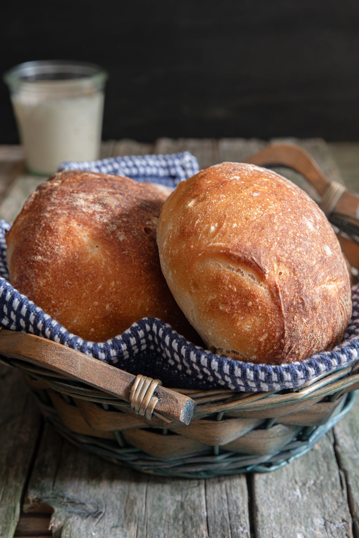 Lievito madre buns in a basket.