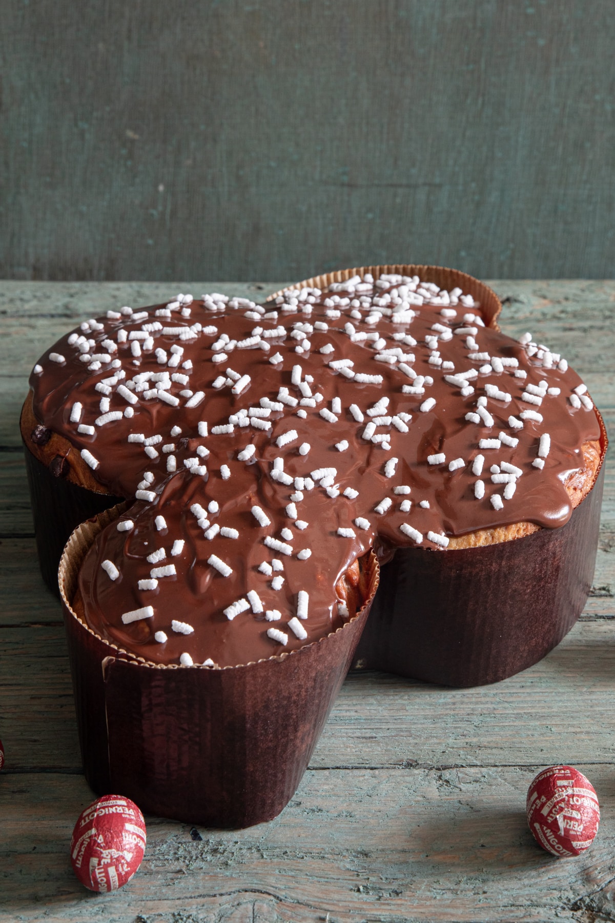 Chocolate colomba on a wooden board.