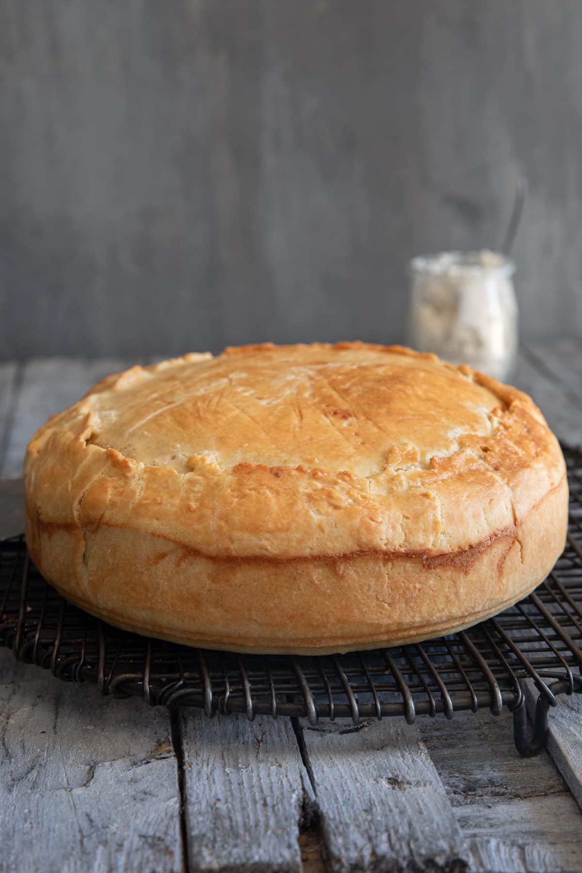Easter pie on a wire rack.