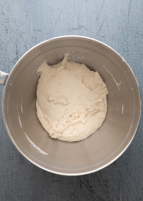 Making the dough in the mixing bowl.