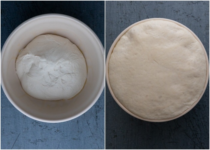 The dough in the bowl before and after rising.