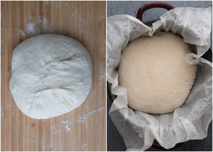 Folding the dough, shaping and in the dutch oven before rising.