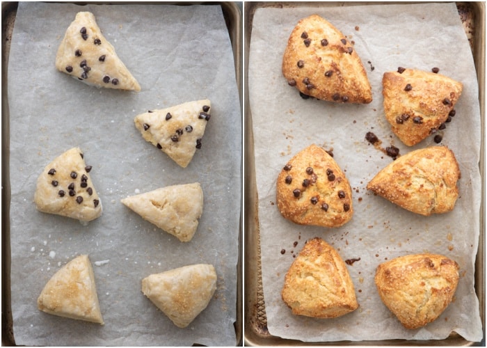 The scones before and after baking on the baking sheet.