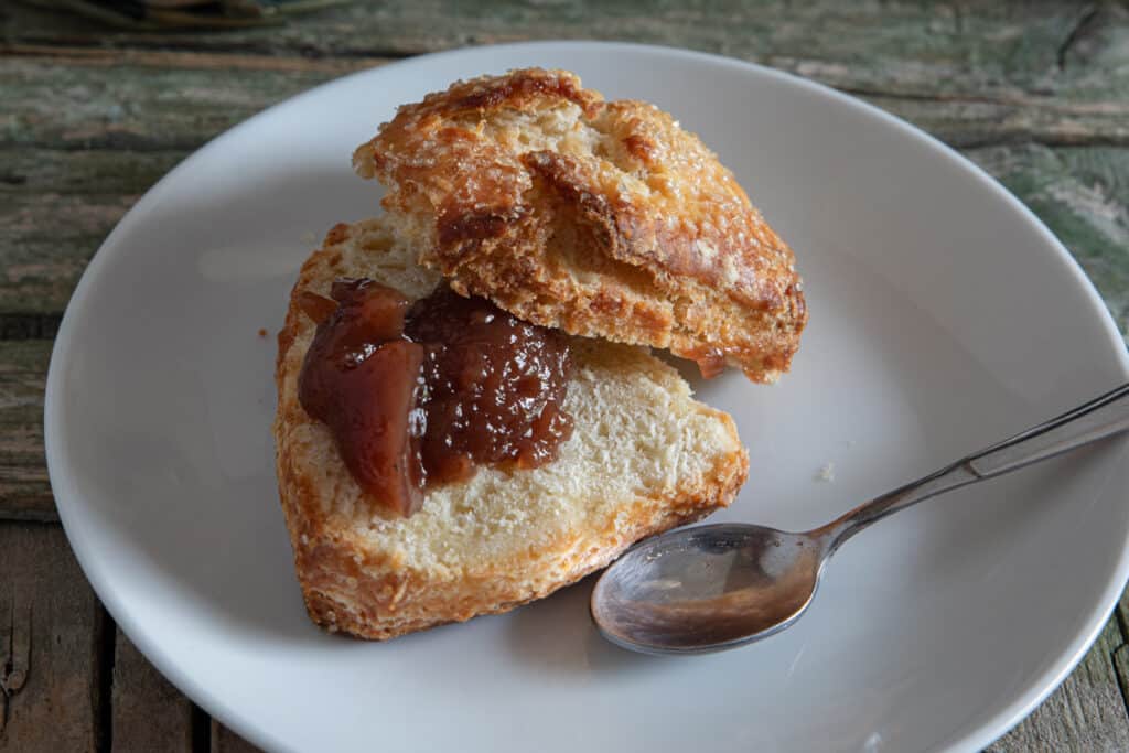 A scone cut in half on a plate with jam.