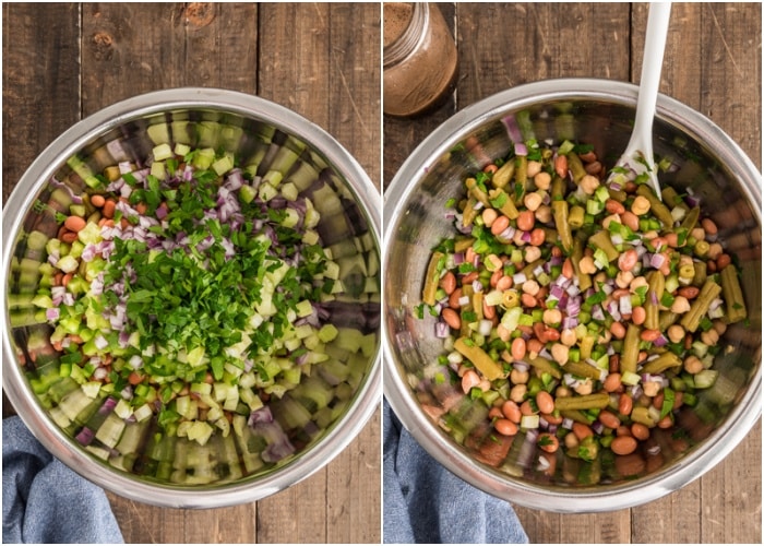 Combining the beans and spices in a silver bowl.