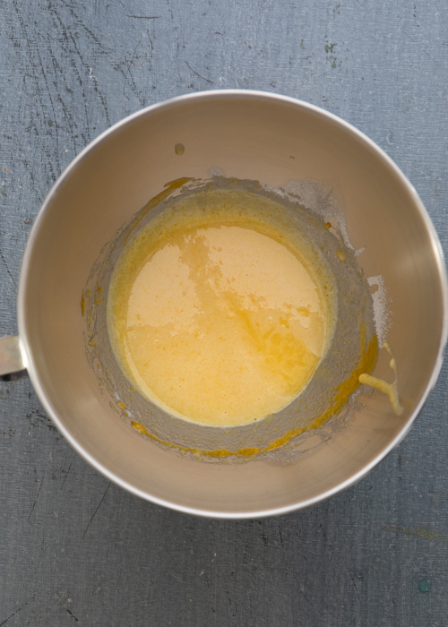 The wet ingredients beaten in the bowl.