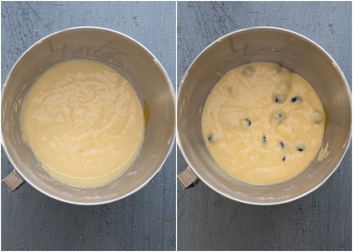 The flour added and the blueberries folded into the batter.