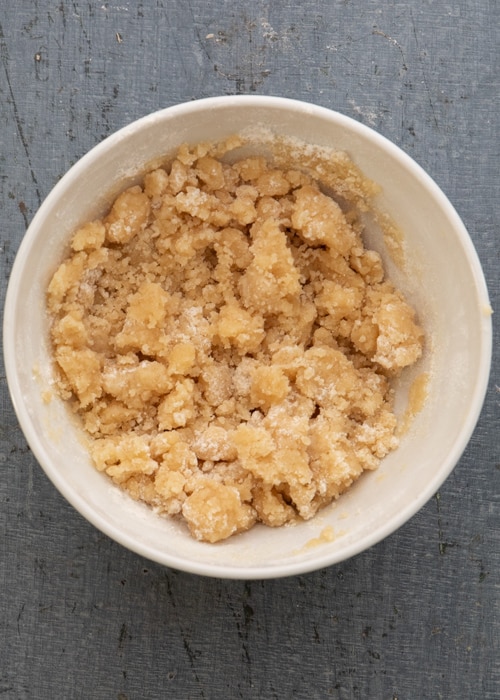 The topping made in a white bowl.