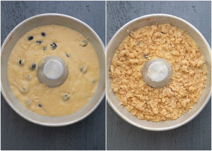 The batter and topping in the pan before baking.