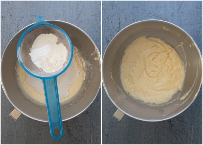 Sifting in the dry ingredients and beating to combine.