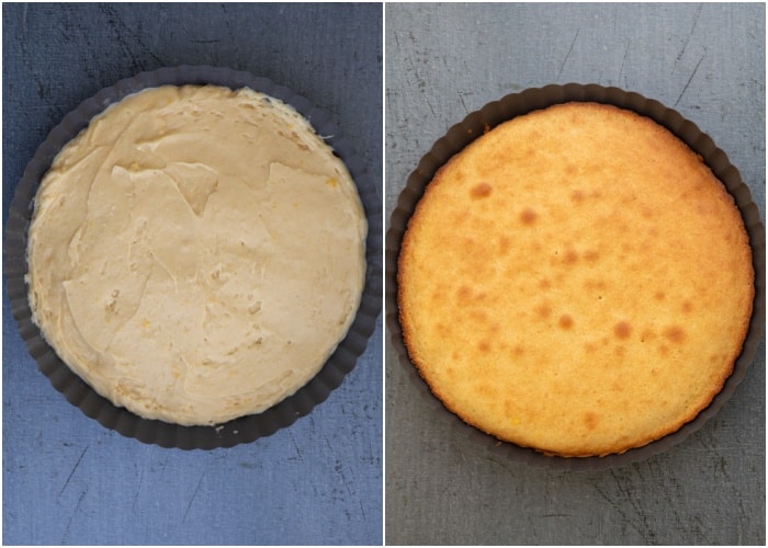 The crostata before and after baking in the pan.