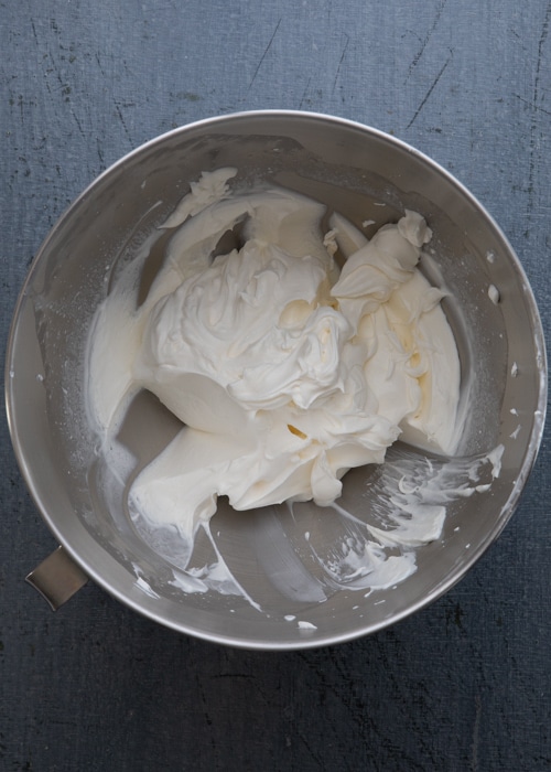 The mascarpone filling made in the mixing bowl.